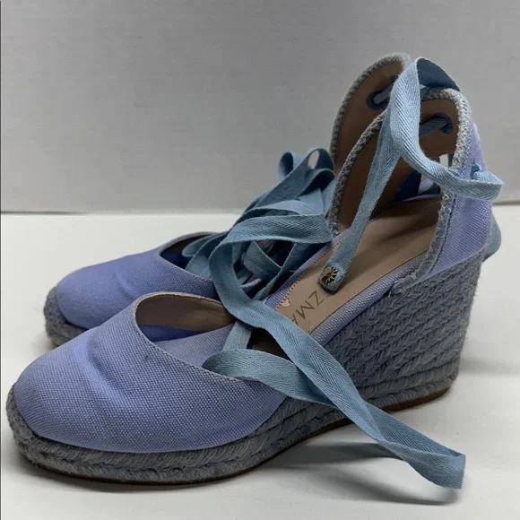 Stuart Weitzman Espadrille Wedges Heels Lace Up Ankle Strap Canvas Blue Size 6.5 - Picture 3 of 14